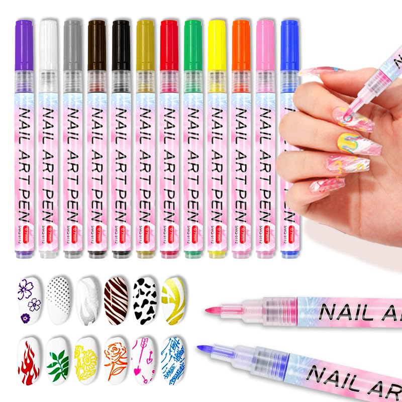 12 Colors Nail Art Pens Set, 0.7mm Nail Markers & Nail Pens for Kids, Quick Dry Nail Polish Pens for Nail Art, Vibrant Art Pens for DIY image 2