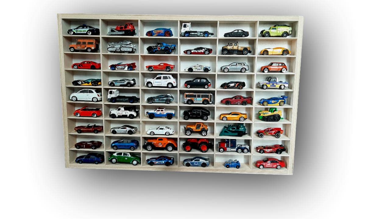 Regał samochodowy kompatybilny z samochodami Hot Wheels, magazyn zabawek, 54 drewniane przegródki do przechowywania biżuterii