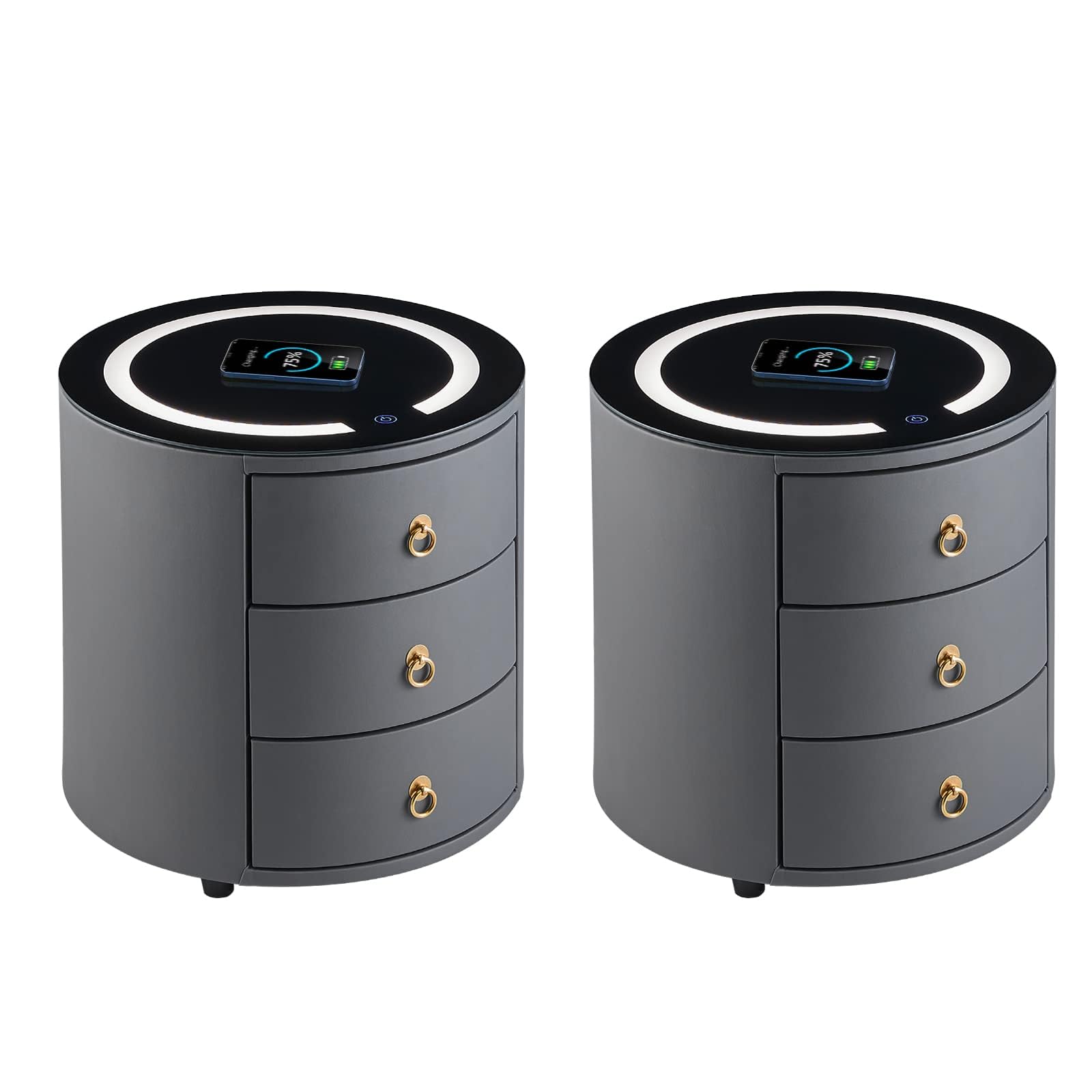CLIPOP Rund Nachttisch 2er Set mit Kabelloser Ladestation und LED Licht,Smart Beistelltisch Couchtisch Kunstleder Sofatisch mit 3 Schubladen und Gehärteter Glasplatte,Grau