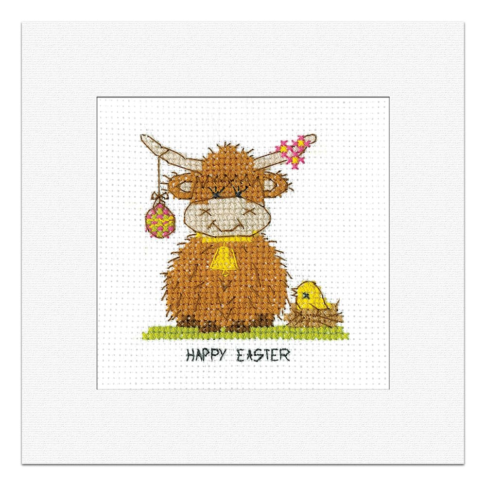 Heritage Crafts Yellow Cross Stitch Kit - Greetings Card, Highland Cow - Easter - Kirsten Roche