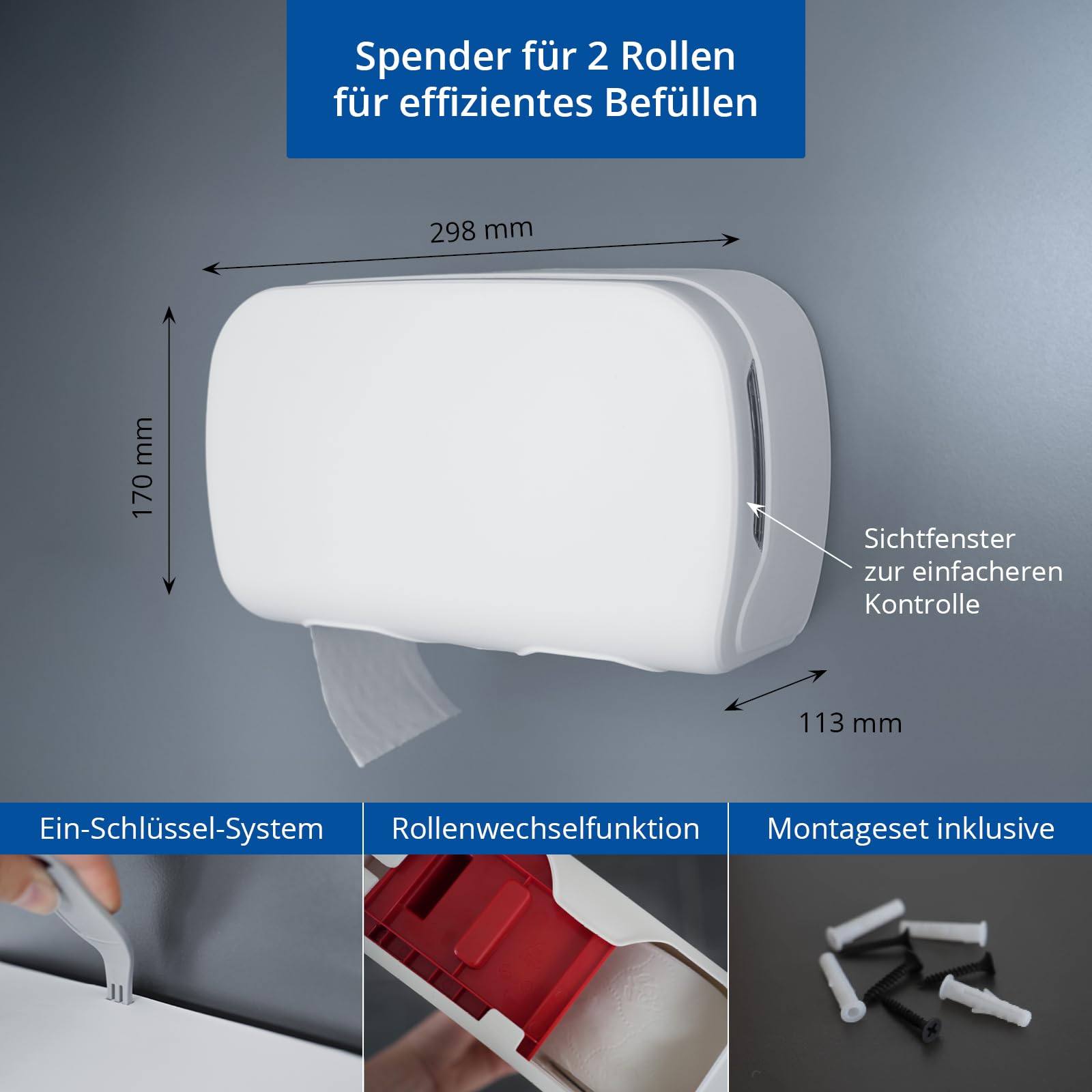 HyPaFol Toilettenpapierspender 2 Rollen, Wandmontage, abschließbar, weiß matt, Hygienespender, Toilettenpapierhalter Gewerbe, WC-Papierspender, Nachfüllbar, inkl. Befestigungsmaterial