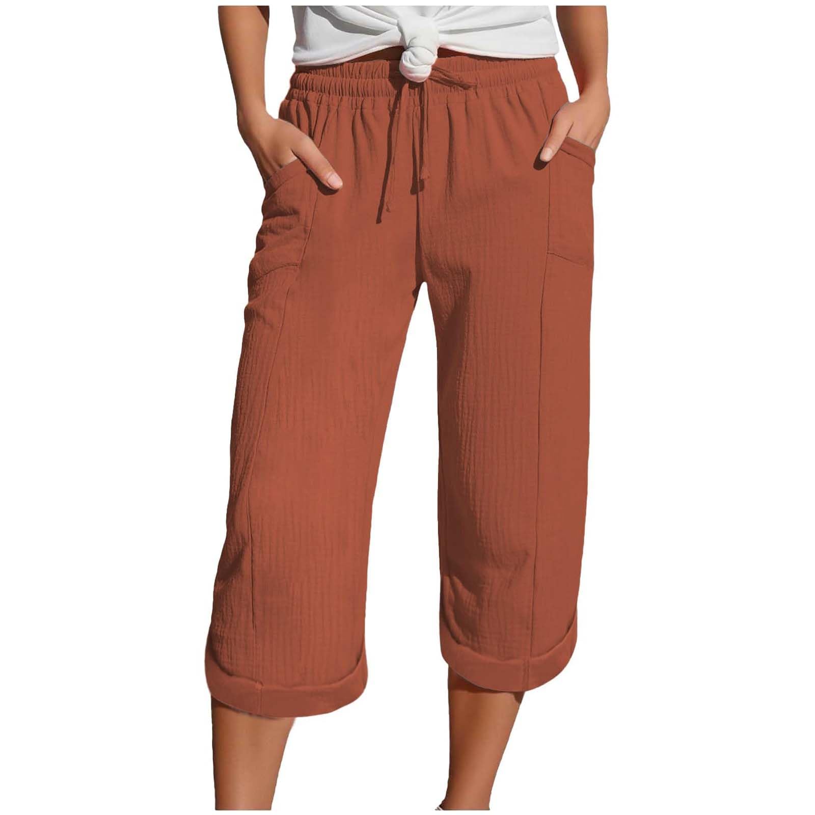 3/4 Fluid Women's Summer Lightweight Capri Trousers Elastic Linen Drawstring Sports Casual Yoga with Pockets for Daily Use and Beach Holiday - 1