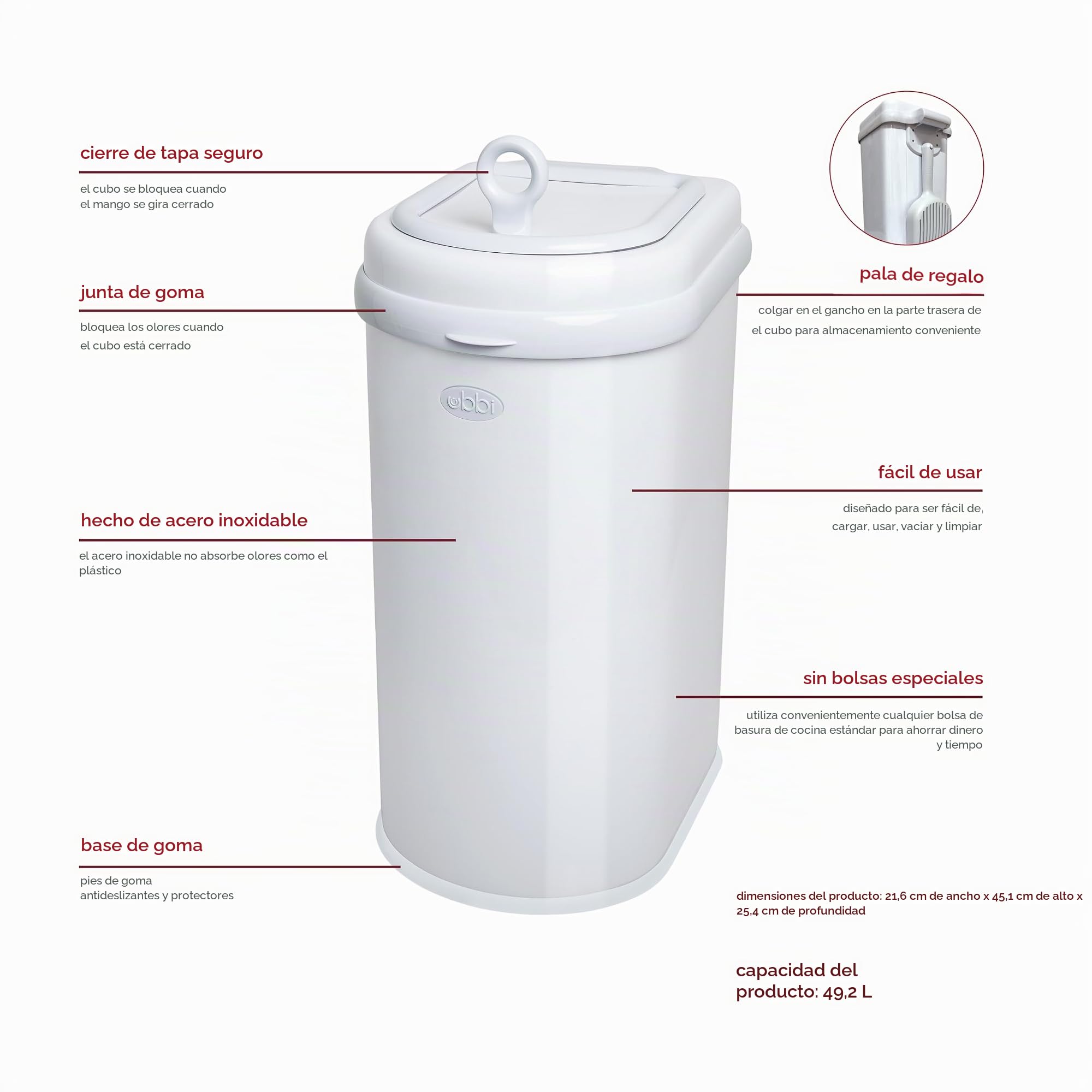 Ubbi Cubo de residuos para mascotas, sistema de eliminación de arena para gatos, bloqueo de olores, color blanco