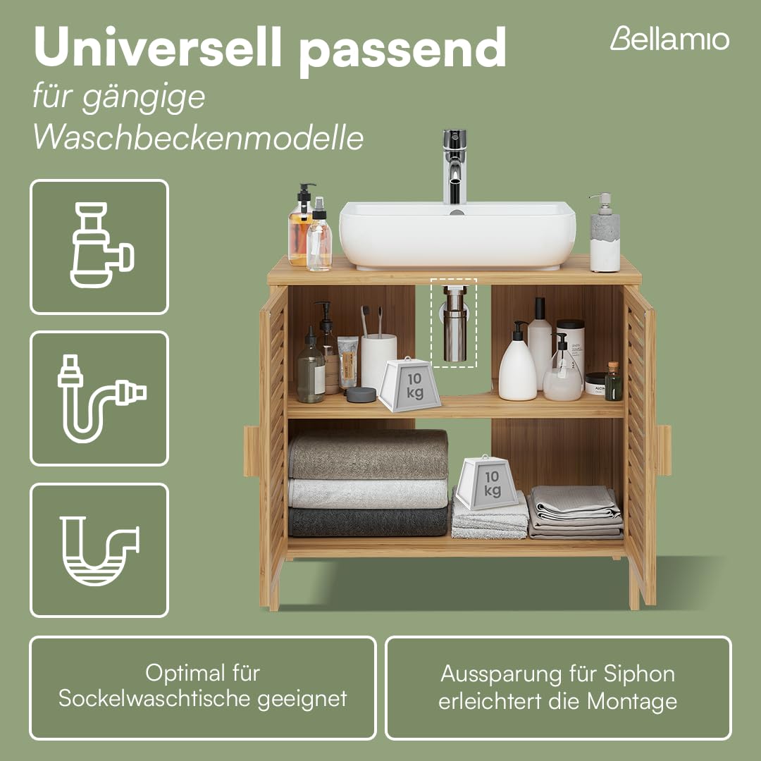 Bellamio Newa Waschbeckenunterschrank Bambus – Badezimmer Unterschrank für Waschbecken mit 2 Türen – Badunterschrank mit 2 Fächern – Waschtischunterschrank Bad 60x65x33 cm