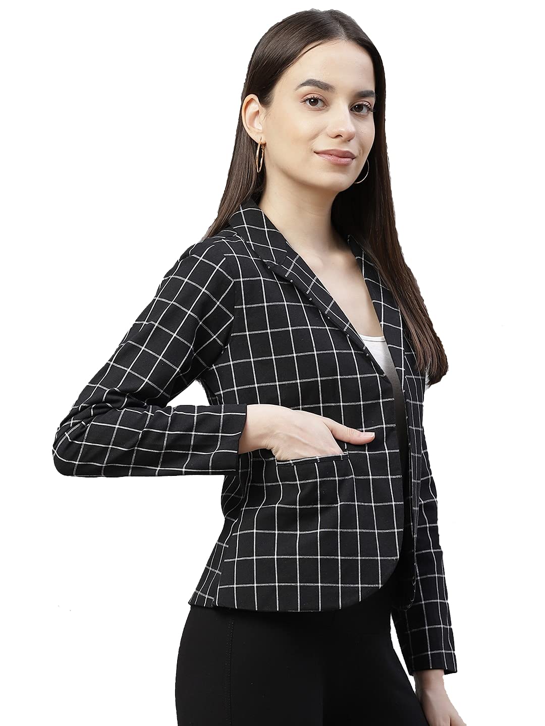 Women Black & White Checked Open Front Blazer-image-37