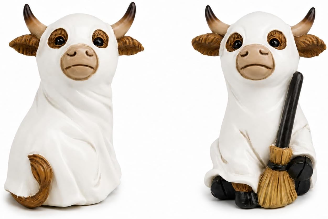 2 Resin Cow Ghost Figurines Halloween Tabletop Decor (Highland Cow Ghost)
