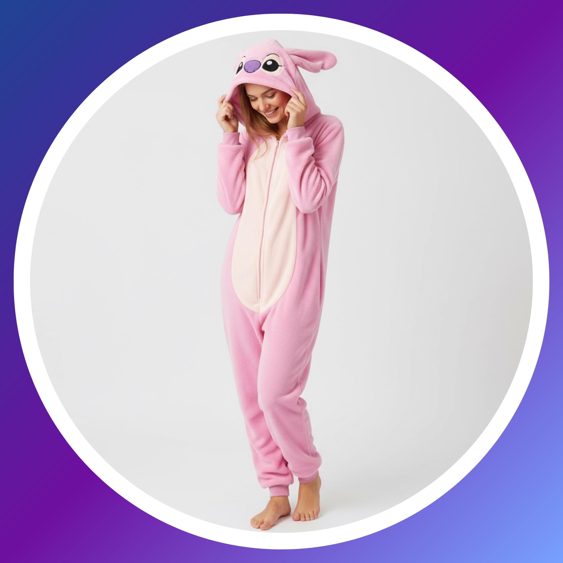 Disney Stitch Pyjama Femme, Pyjama Une Pièce à Capuche 3D Angel en Polaire Douce, Cadeau pour Femmes, Filles et Adolescents