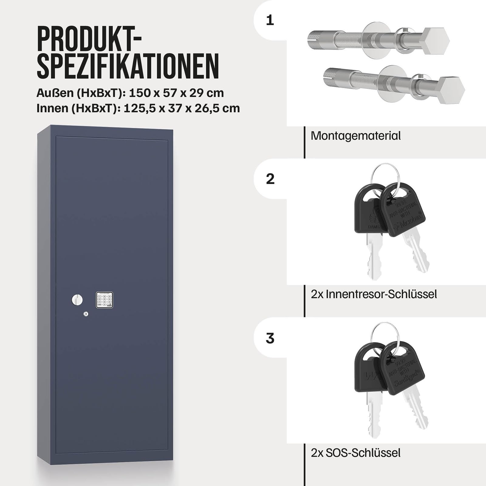 Profirst Waffenschrank Forest 8 Stahl Elektronikschloss Notöffnung separat versperrbarer Innentresor 3 Fachboden Putzstockhalterung Schaumstoffwaffenhalter inkl. Befestigungsmaterial