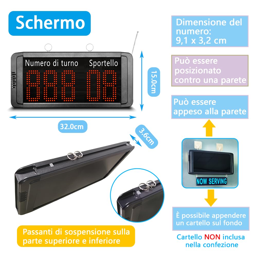 Kit Eliminacode Digitale(Chiamata in Italiano) | Display Eliminacode Elettronico(N. cliente → N. sportello) + 5 Pulsanti di Chiamata (per Banco/Sportello) | Kit con Chiocciola Eliminacode