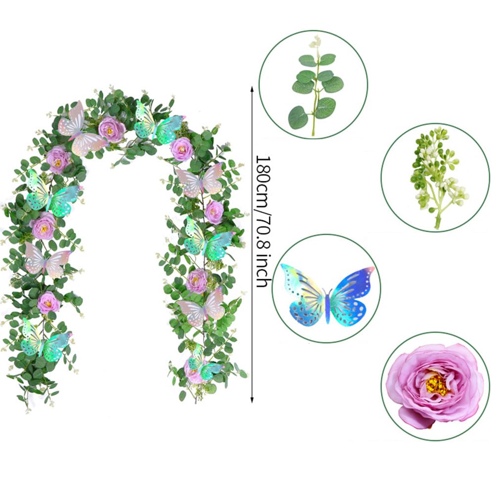 Highdi Finta Pianta Artificiale, Artificiale Rampicante Ghirlanda Farfalla Fiore di Rosa Pendenti Finte Pianta Foglie per Decorazione Parete Festa Matrimonio Giardino Esterno (Rosa,4 Pezzi)