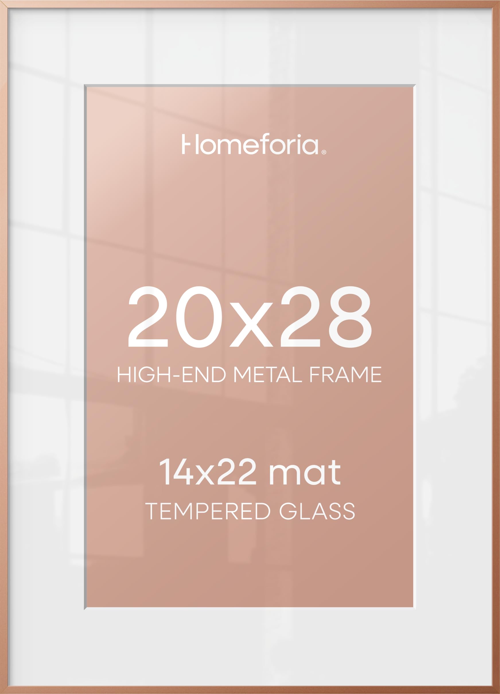 Homeforia 20x28 Frame Rose Gold, High End Metal 20x28 Poster Frames with Mat 14x22 inch Photo, 20 x 28 Rose Gold Picture Frame Matted to 14 by 22 Print, 28x20 Frame, Tempered Glass, Wall Kit, Set of 1