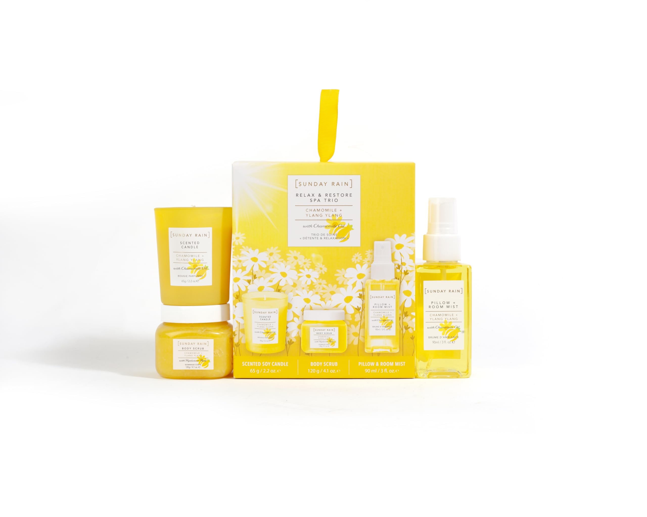 Sunday RainChamomile & Ylang Ylang Relax & Restore Trio, 3 Piece, Body Scrub, Room Mist, Soy Candle, Vegan & Cruelty Free