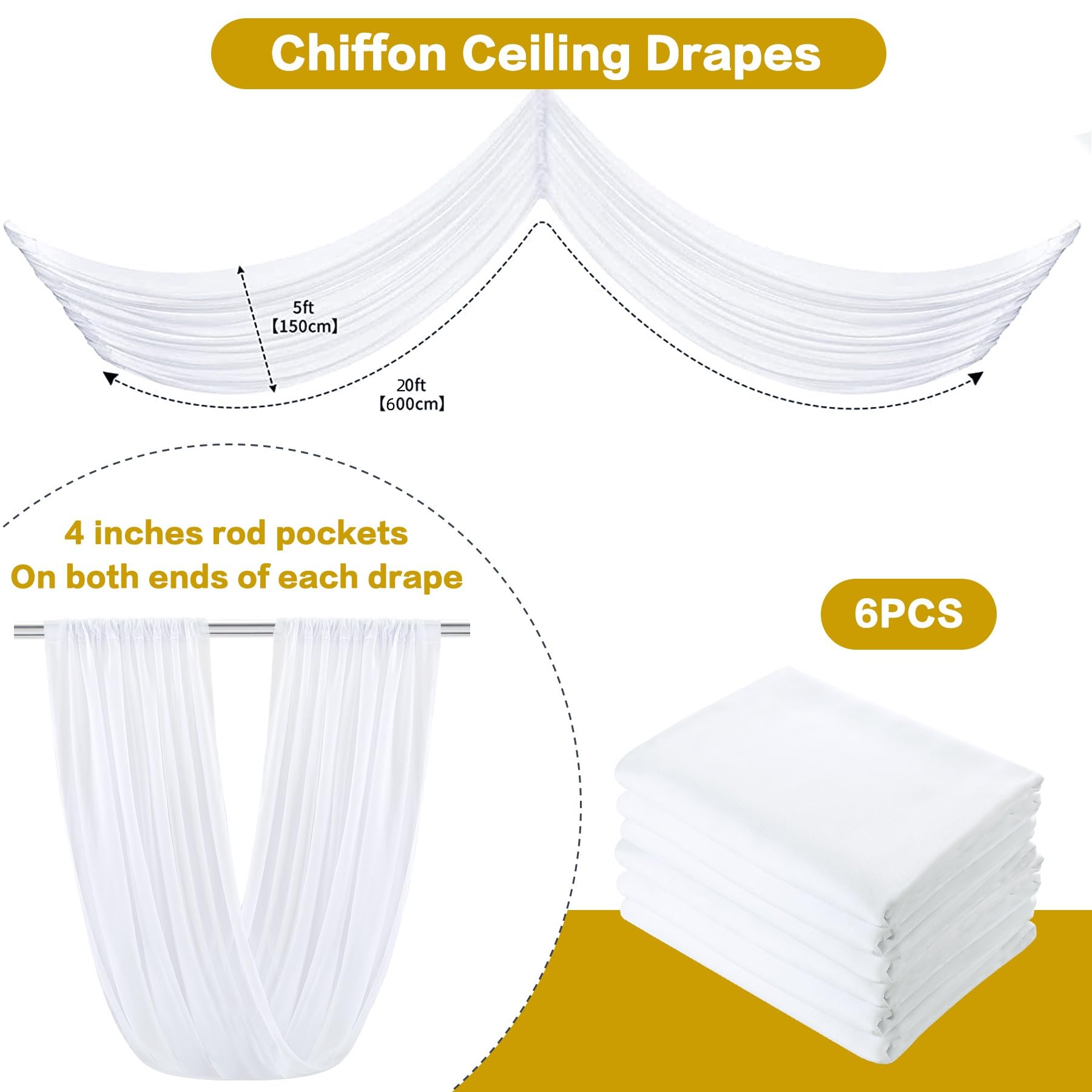 Lot de 6 rideaux de plafond pour mariage, 152 x 61 cm, en tissu drapé en forme d'arc, rideaux transparents, décoration de plafond de mariage, pour fête, cérémonie, butin de scène, blanc