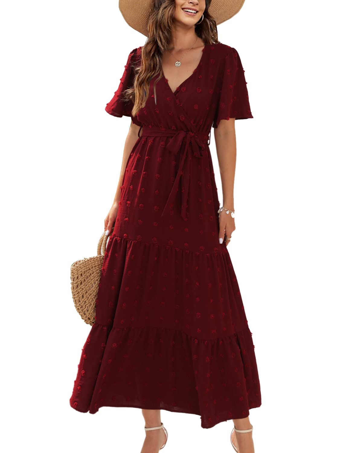 QUNERY Vestido Largo Mujer Verano Cuello en V Vestido Casual Elegante Vestidos Maxi Verano Playa con Cinturón