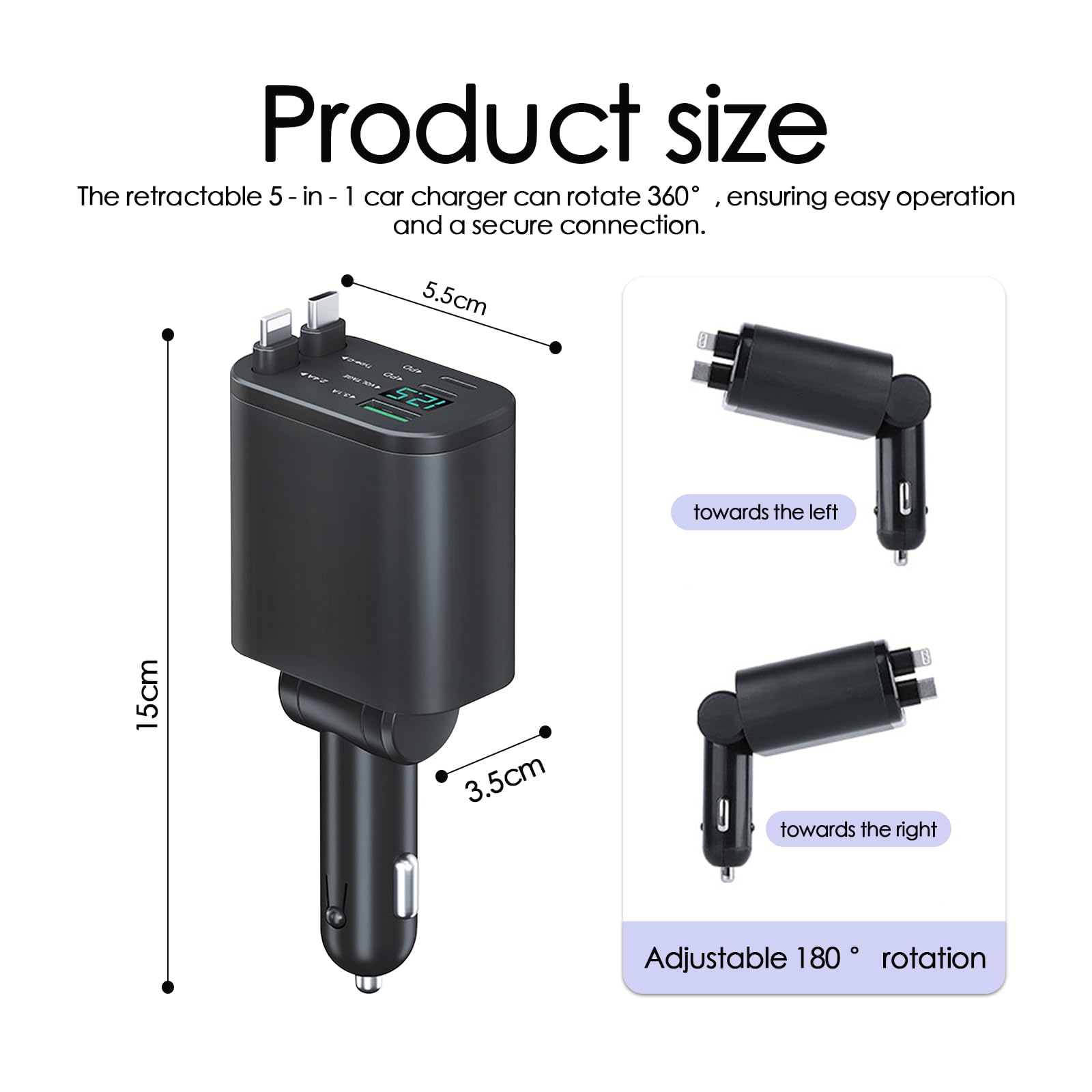Chargeur De Voiture Rétractable 5 En 1 - 66W + 30W - Avec Voltmètre LED - Pour Tous Smartphones