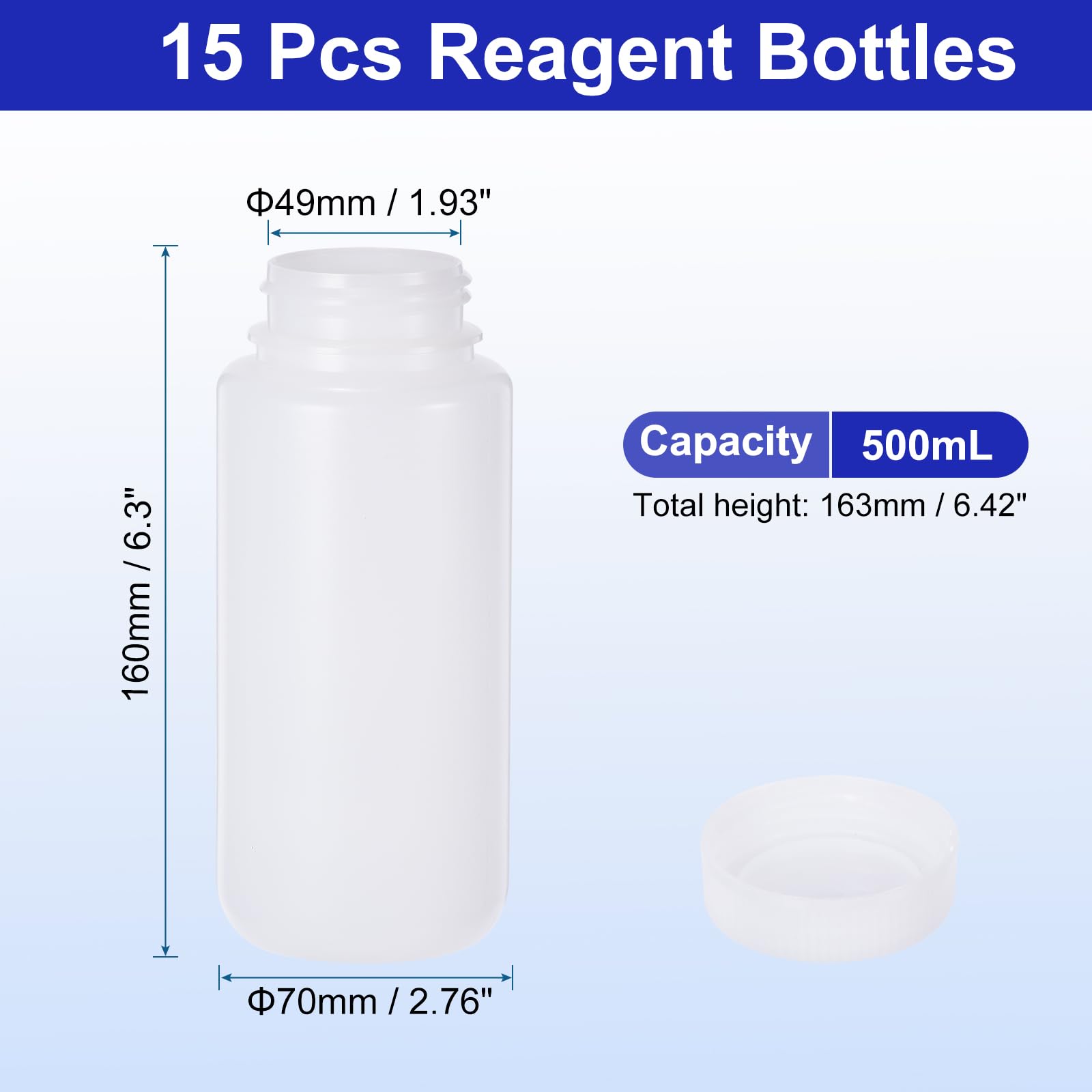 PATIKIL 15pz Bottiglie 500ml Reagenti, Bottiglie Tondi Bocca Larga HDPE Tappo Vite per Conservazione Acqua, Reagenti, Liquidi e Campioni Solidi Laboratorio, Bianco Traslucido