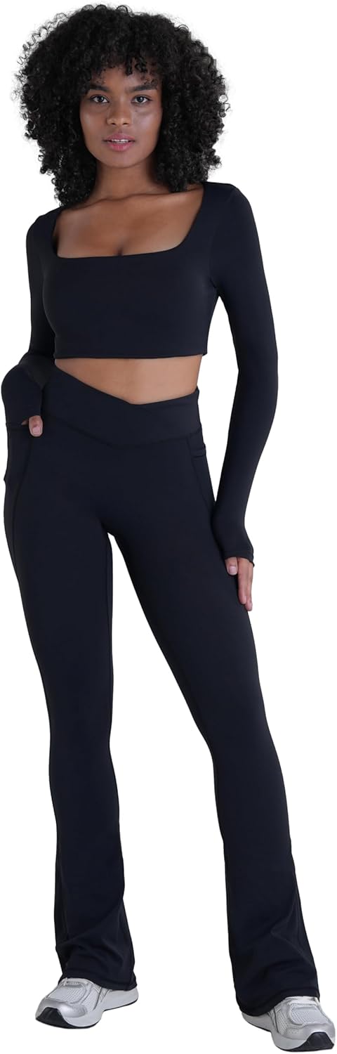 Sunzel Hidden Butt Lifting Scrunch Flare Leggings for Women with Pockets No Front Seam Tummy Control Mini Flared Yoga Pants - Image 5