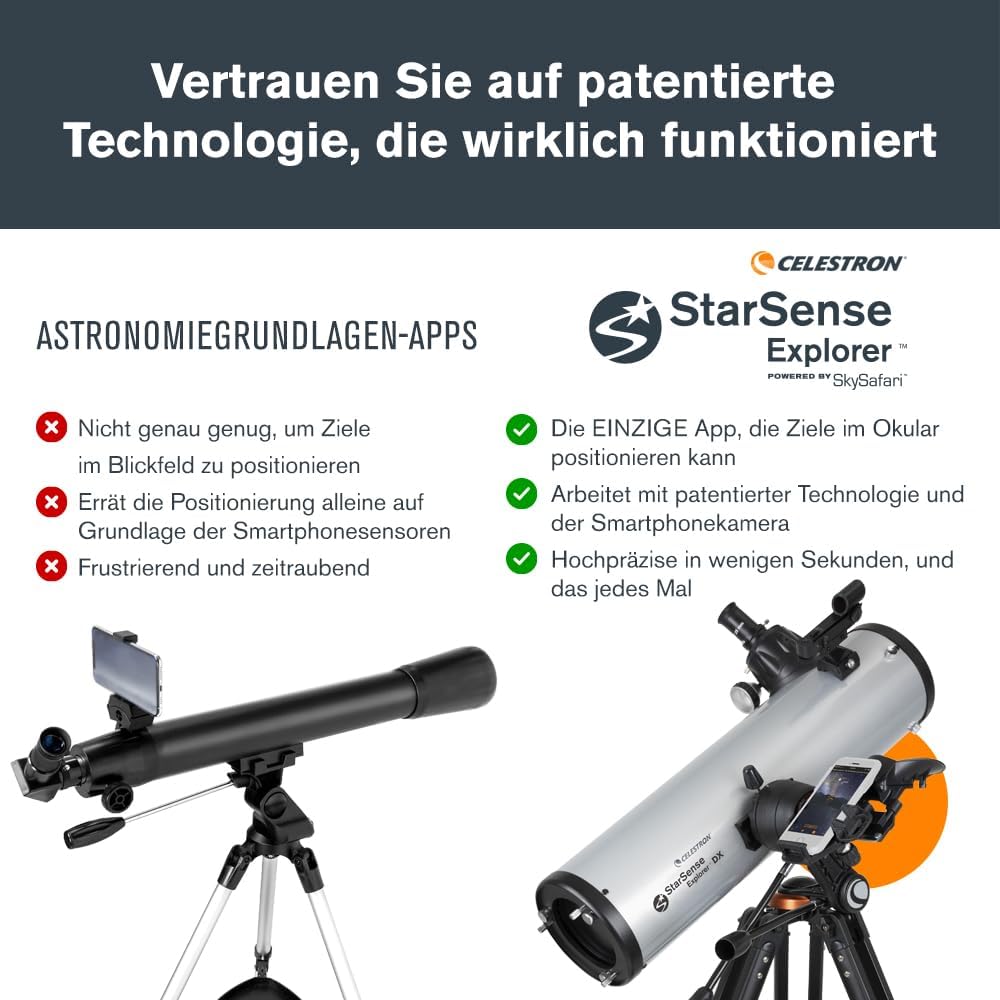Celestron StarSense Explore DX 130 Newton-Reflektorteleskop, Smartphone-App-fähig, inklusive Okulare, Halterung, Stativ