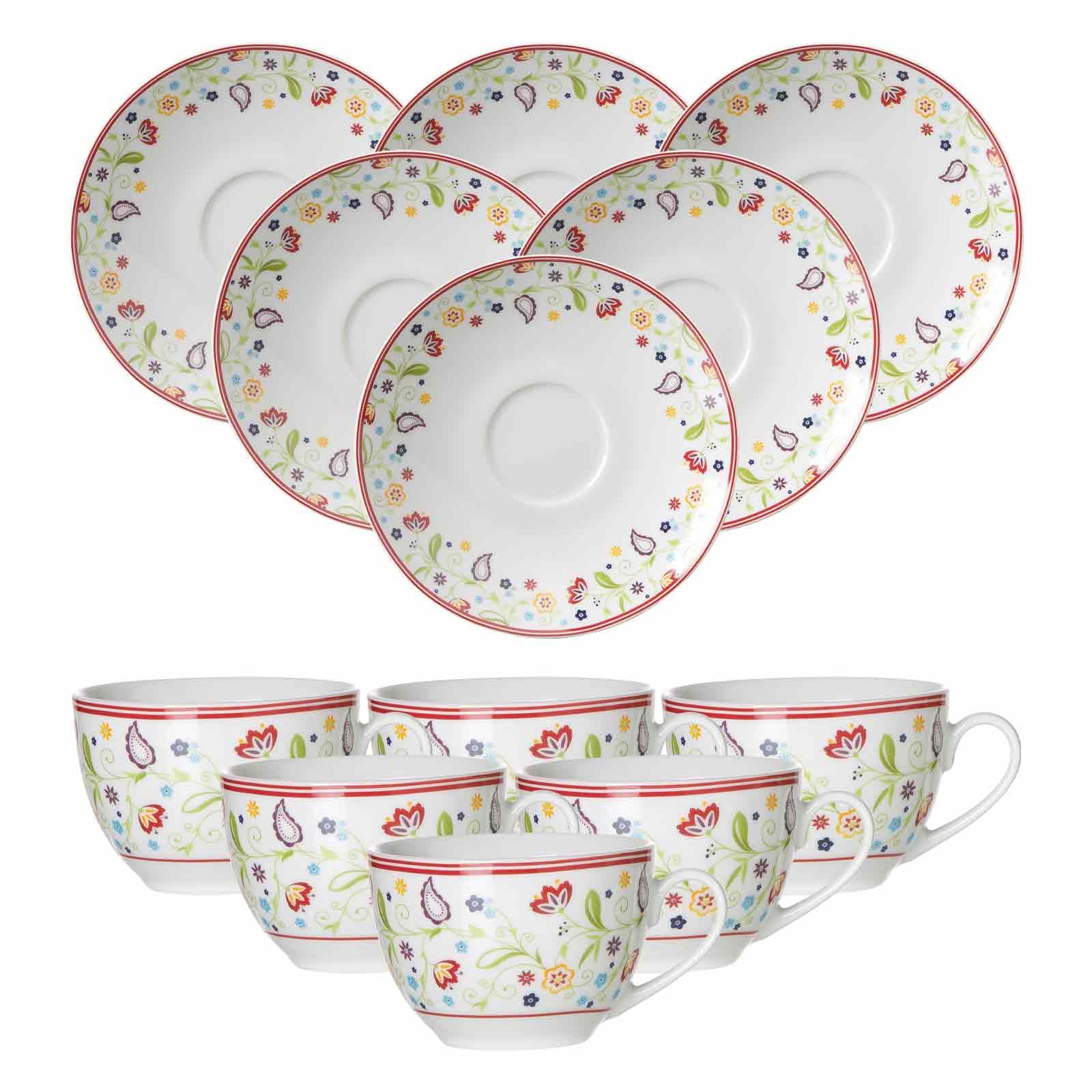 Ritzenhoff & Breker Shanti Lot de 6 tasses à café avec soucoupes, 220 ml, tasses à café et soucoupes avec décor floral en porcelaine, multicolore