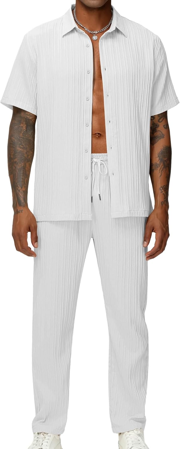 LecGee Men's 2 Piece Vertical Striped Textured Outfits Summer Casual Button Down Shirts And Pants Matching Sets - Image 2