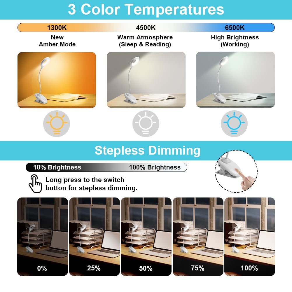 URAQT Clip on Reading Light for Bed 22 LED Eye Protect Book Light, 3 Color Modes & Stepless Dimming Clip on Desk Lamp - Image 2