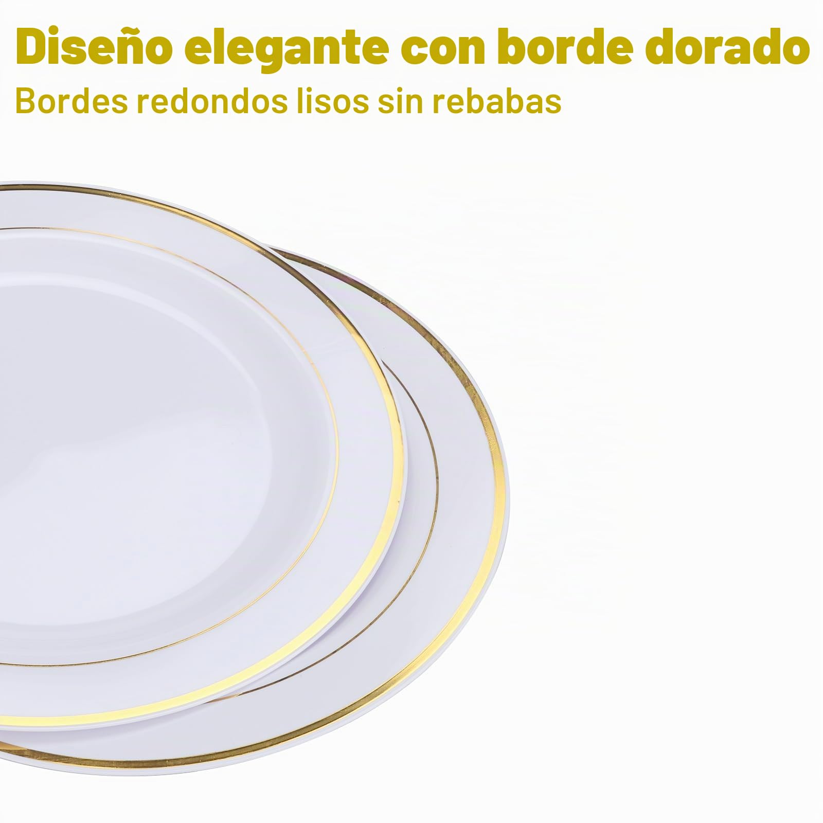Juego de 40 platos de plástico blancos de 26 cm, platos de plástico reutilizables, platos de plástico reutilizables, platos de fiesta, vajilla de plástico, platos de fiesta con borde dorado