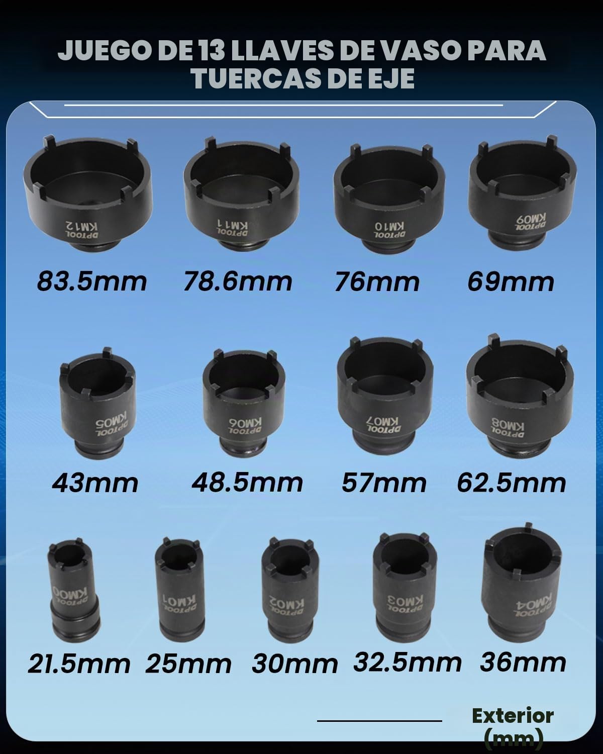DPTOOL Kit de 13 piezas de dados para tuercas de husillo, rótulas, contratuercas de eje, extracción e instalación de dados de cubo de bloqueo para tuercas de ranura KM, 4 dientes exteriores con 1/2''