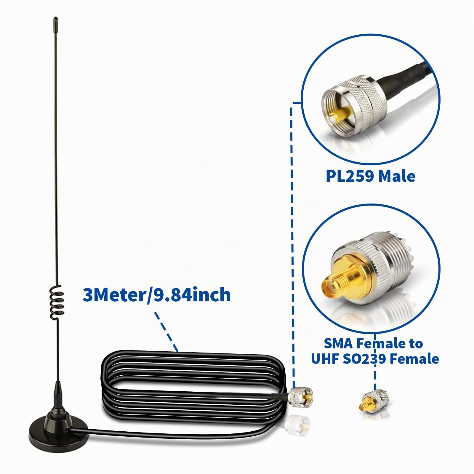 Bingfu Antenne Radio VHF UHF Mobile Véhicule Voiture Double Bande VHF UHF 136-174MHz 400-460MHz Base Magnétique PL259 Antenne Mâle pour BTECH ICOM Midland AnyTone Amateur