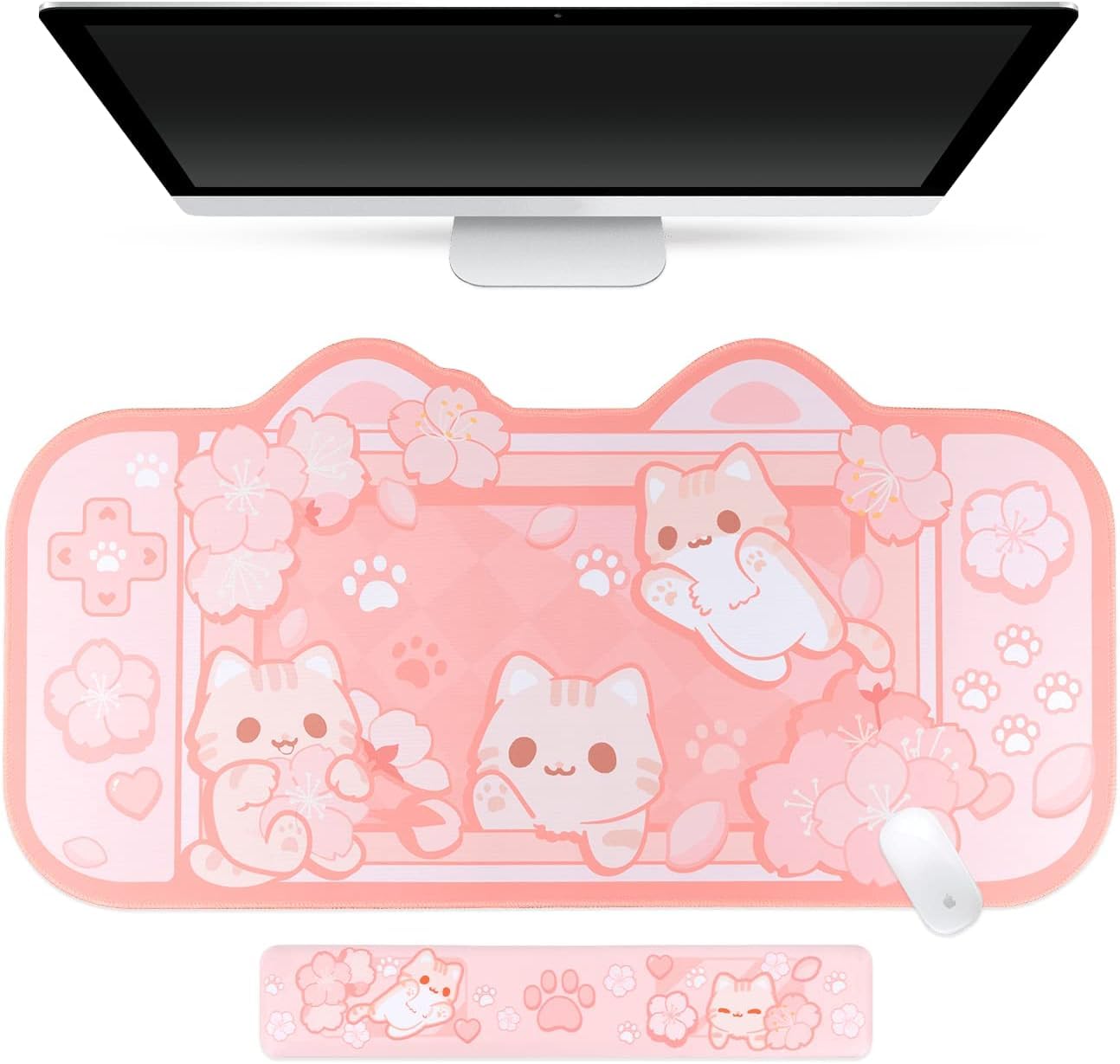 BelugaDesign Sakura Cat Desk Pad | NS Switch Keyboard Gaming Mat Large Mat Mousepad | Pastel Pink Kawaii Cute Anime Desk Blotter Protector with Gel Wrist Support