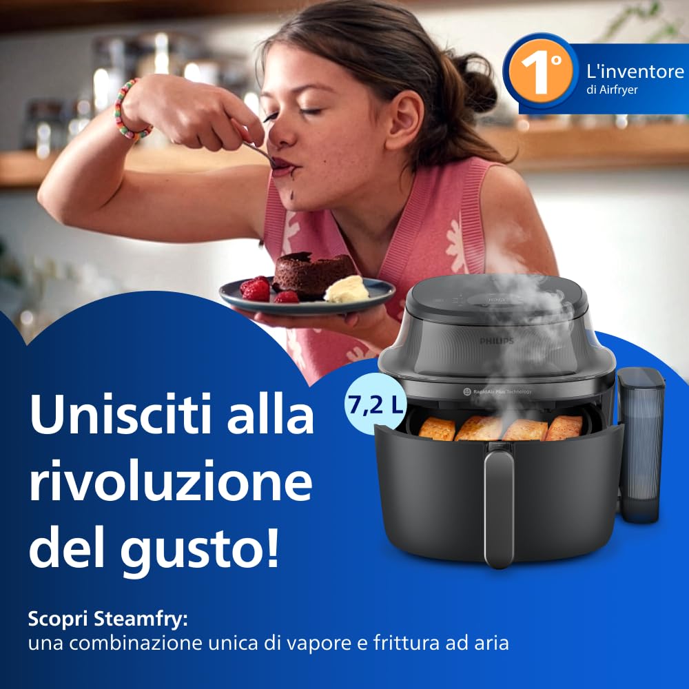 Philips Airfryer Serie 5000 con vapore: Frittura ad aria, cottura a vapore o combinata, 21 modalità, Capacità 7,2 L, Tec. RapidAir Plus, finestrella, Rivestimento ceramica, Auto SteamClean (NA540/00)