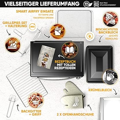 Stillstern Minibackofen mit Umluft (25L) NEU: CYCLONE PRO+ (Antihaftbeschichtung), DE Version, Airfryer-Einsatz, Rezeptheft, Drehspieß, 1500W Toaster Grill Pizzaofen Mini Backofen Ideal für Camping – Bild 3