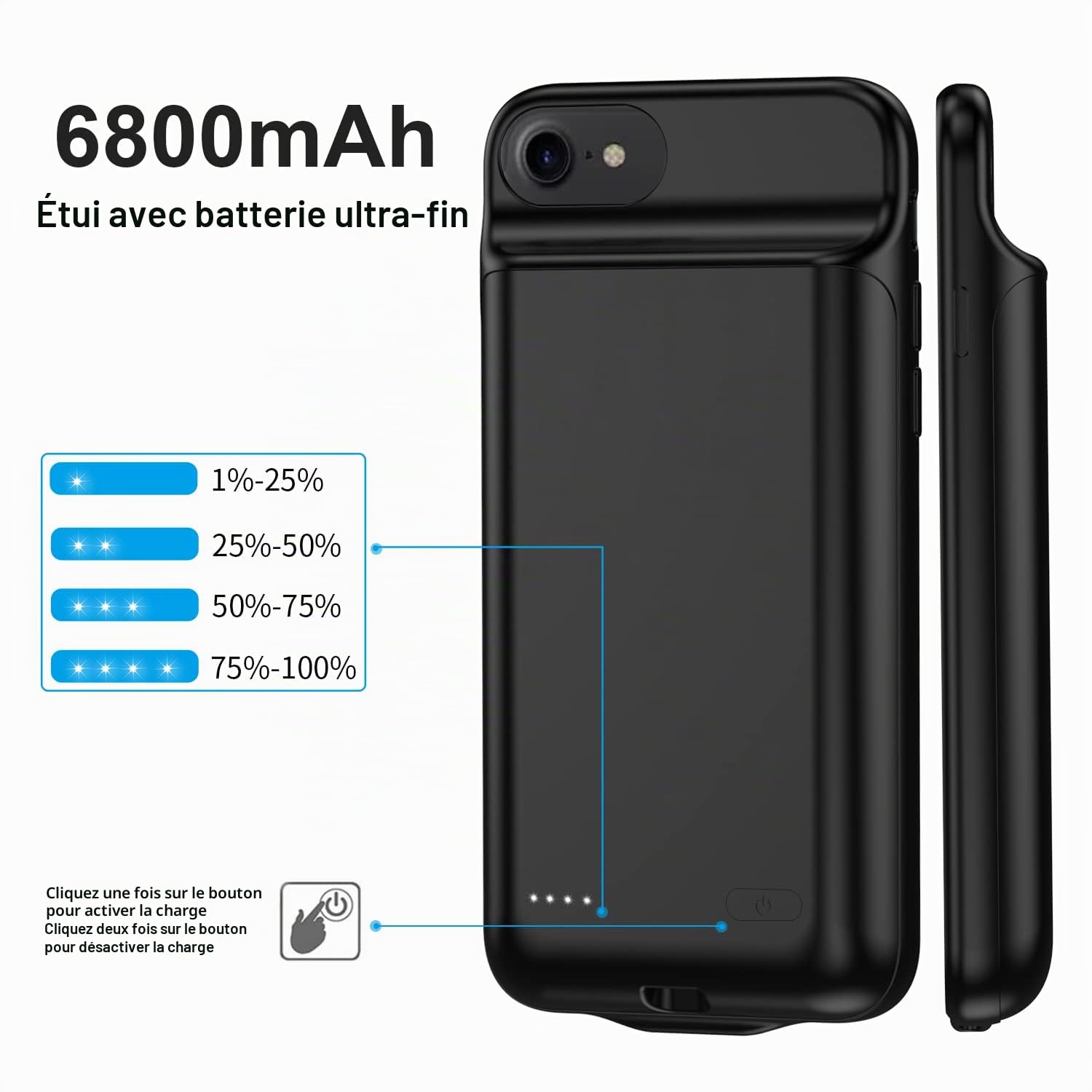 Coque de batterie pour iPhone 8/7/6S/6/SE 2020, 6800 mAh, étui de chargeur portable, batterie rechargeable, coque de chargement pour iPhone 6/6S/7/8/SE 2020 (4,7 pouces), noir