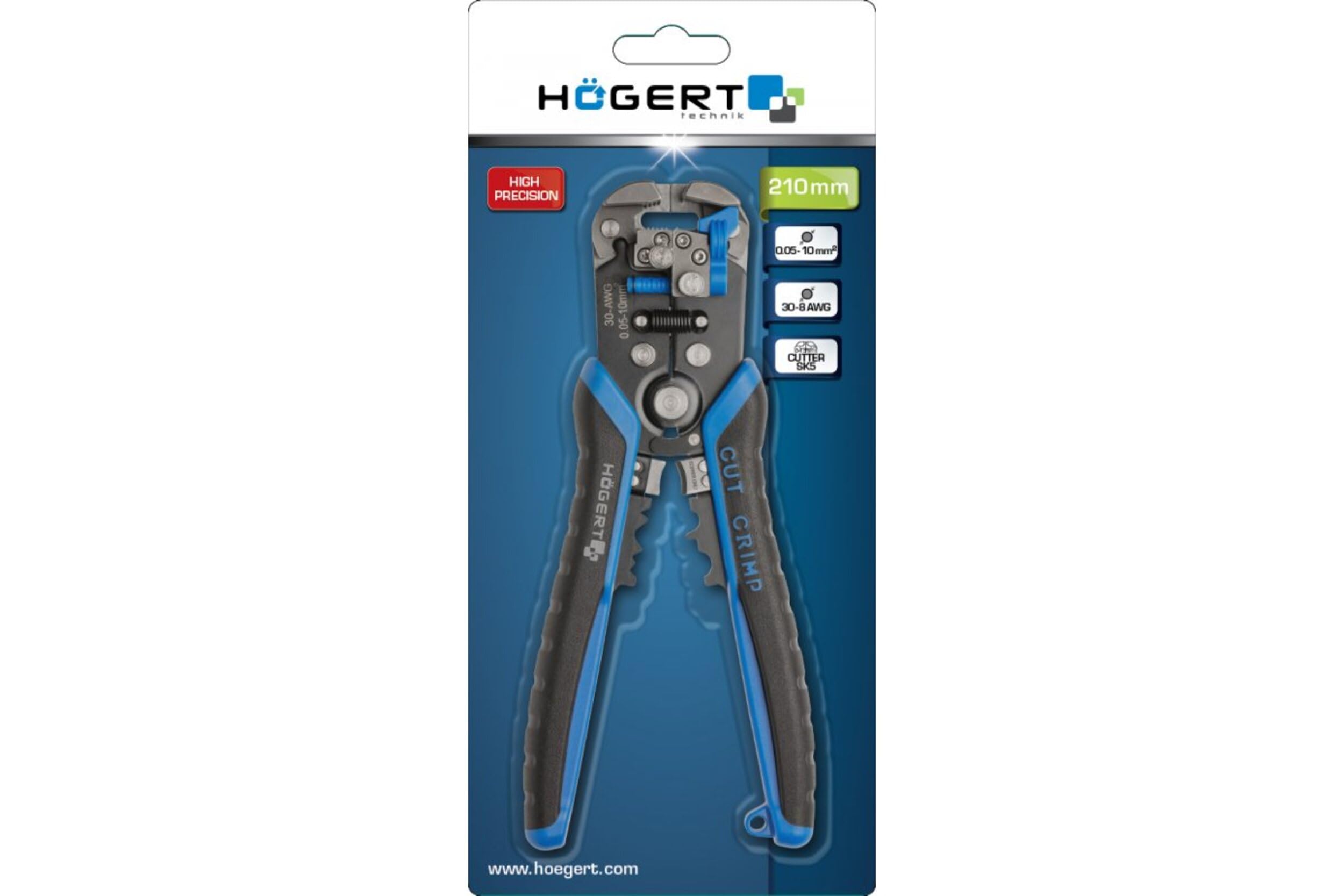 HÖGERT TECHNIK Pince à dénuder automatique et pince coupante 210 mm, 0,05-10 mm², acier SK5, fonction de sertissage et de coupe, poignée ergonomique, précise et durable