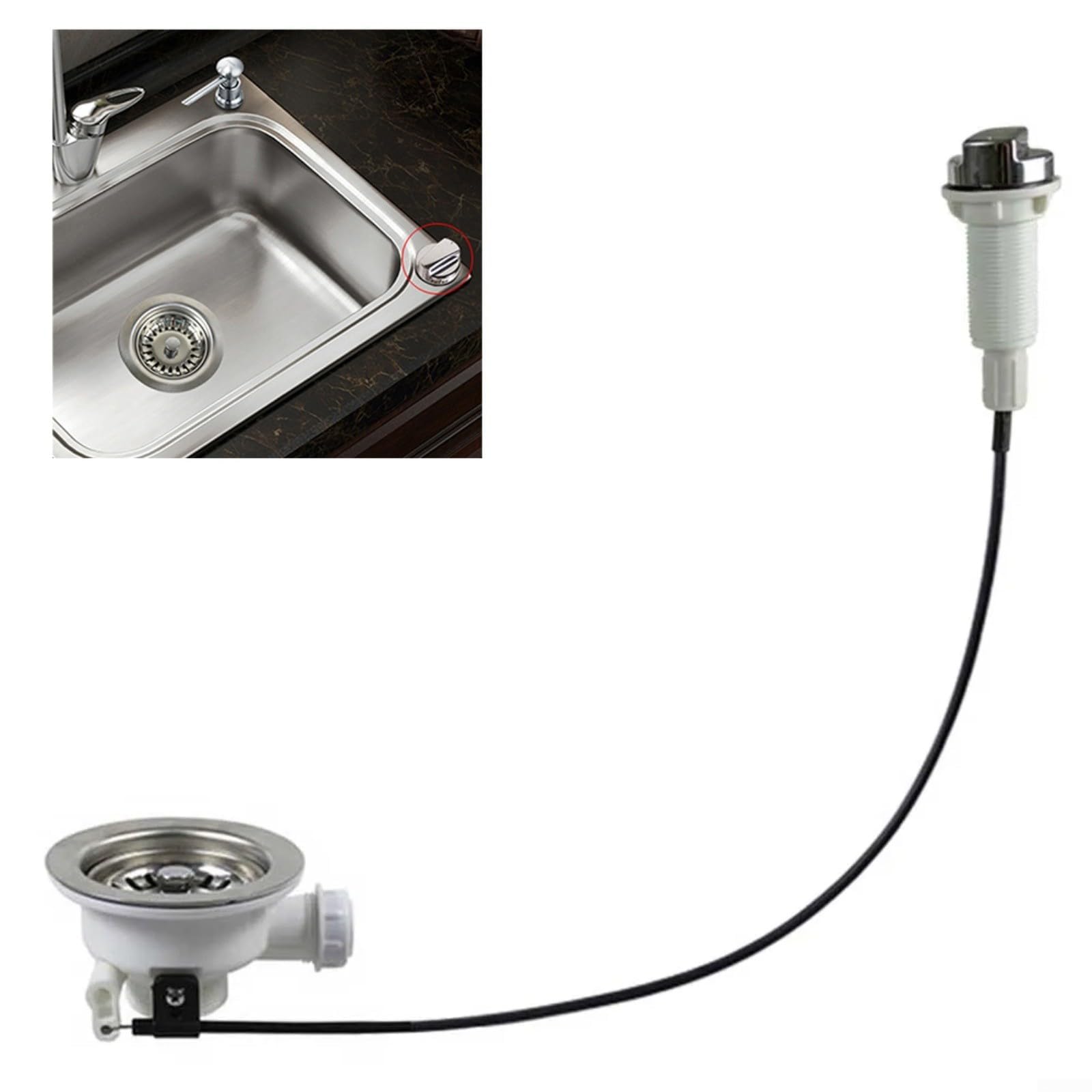 Filtro di scarico per lavello da cucina, in acciaio inox, con controllo dei cavi, scolapiatti per acqua SUS304, kit di scarico in acciaio inox SUS304, gestione del flusso senza sforzo, facile
