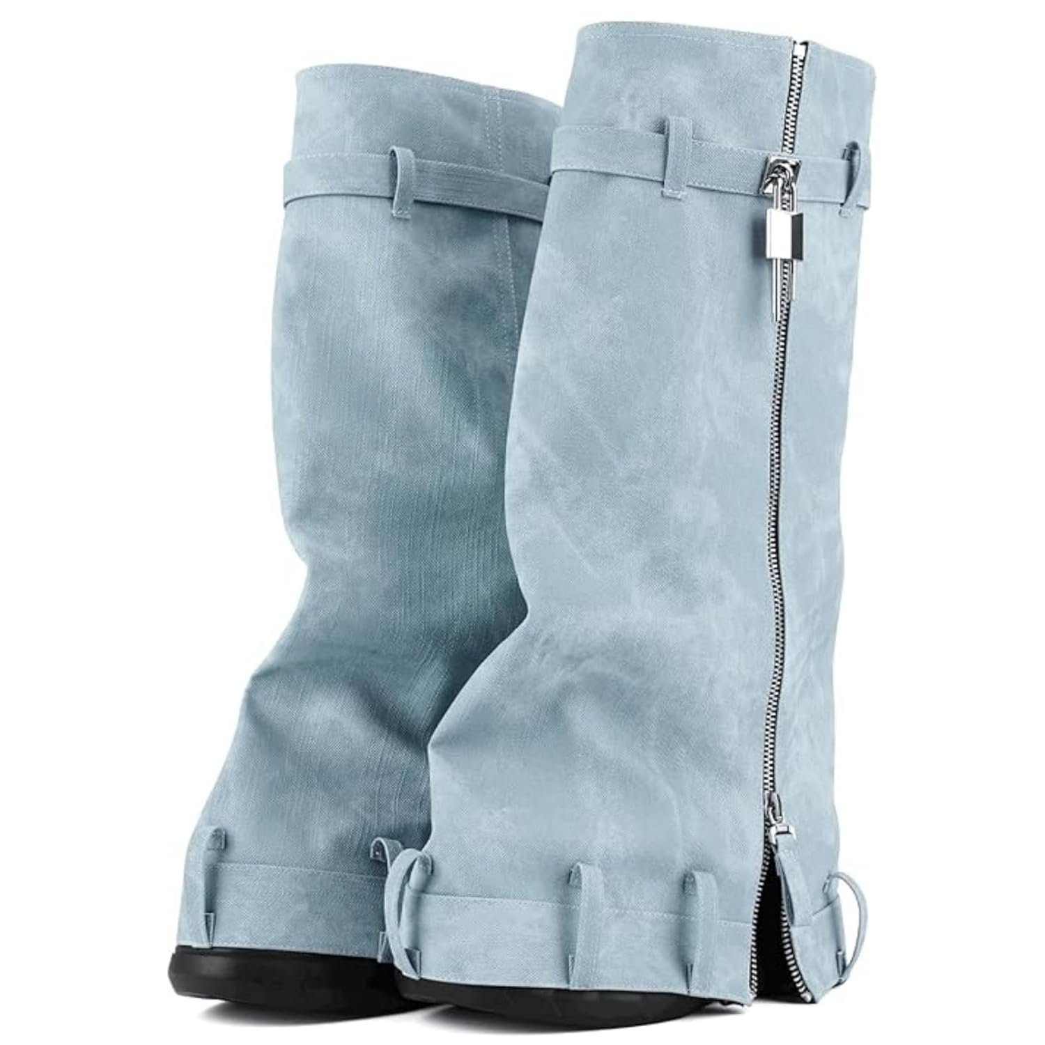 Womens Fold Over Knee High Boots Platform Wedge Chunky Low Heel Slouch Boots Comfort Slip On Padlock Round