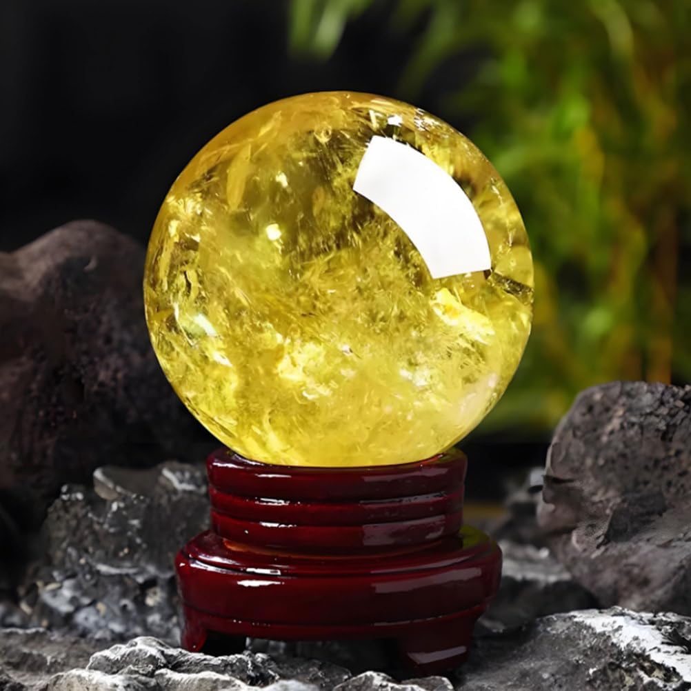 Citrine Crystal Ball, Yellow Crystal Gemstone Sphere Feng Shui Money Stone with Wooden Stand for Divination Feng Shui Protection Decor,9cm