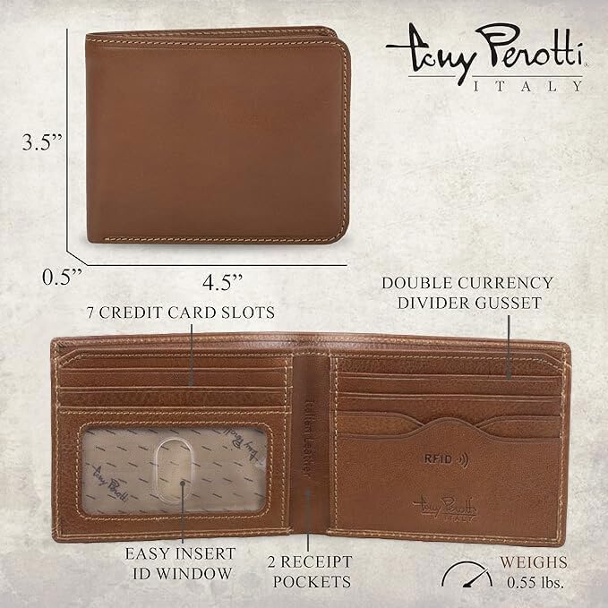 Tony Perotti Men's Italian Leather Bifold Wallet With Card Holders, Pockets, ID Window - Eco-Friendly Vegetable-Tanned Full Grain Leather Wallet Made in Italy3