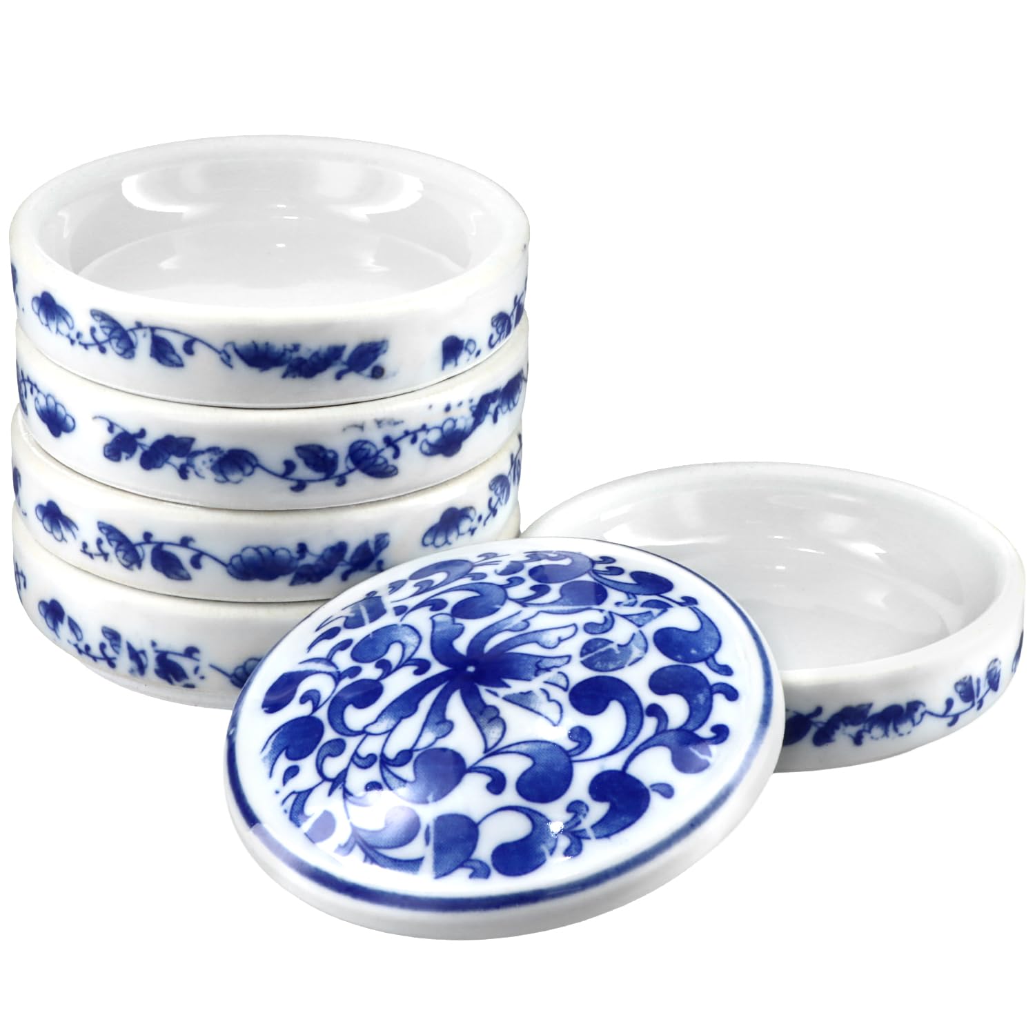 Juego de bandejas de mezcla de cerámica de 5 capas QWORK, paletas de acuarela redondas de porcelana y platos para salsa con patrones azules, ideal para amantes del arte y para guardar joyas.