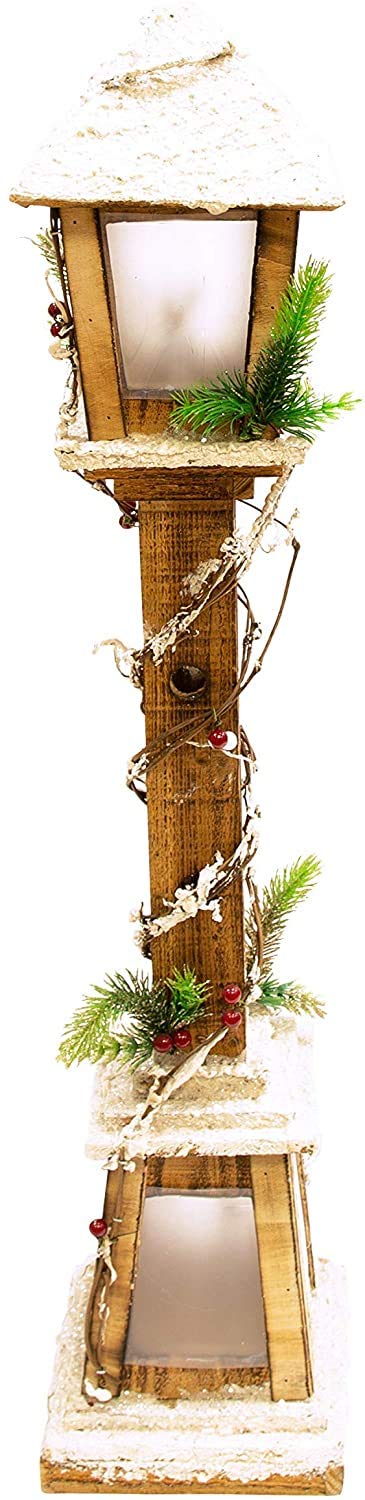 Lampione Natalizio in Legno h. 85 cm Bianco innevato con Luci LED Base 16x16cm Alimentazione a Batteria Decorazione Natalizia Babbo Natale
