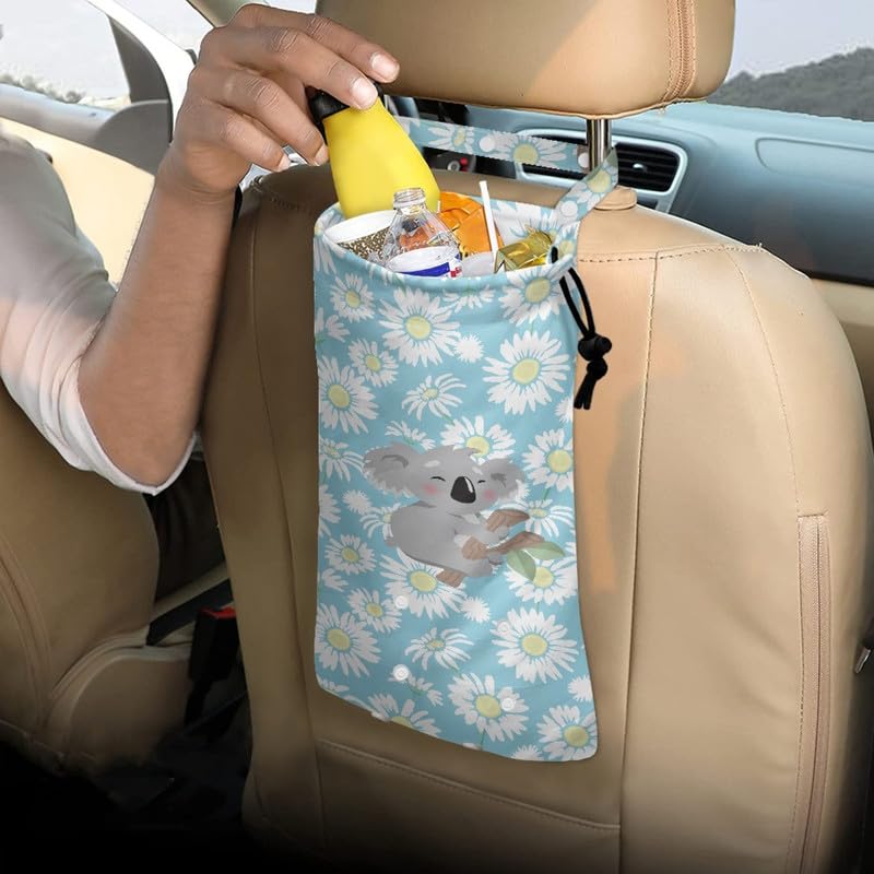 Image of Cartoon Koala Car Garbage Bag Hanger, Daisy Flower Trash Can, Blue for Kitchens, Bedrooms, Travel, Camping, Office Space