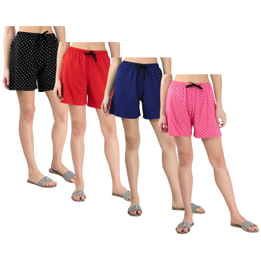 Pack of 4 Women’s Polka Dot Printed Shorts with Drawstring Waist – Comfortable Casual Lounge Wear, Breathable Fabric, Stylish Summer Sleepwear Shorts for Women Pink, Blue, Red, Black-image-11