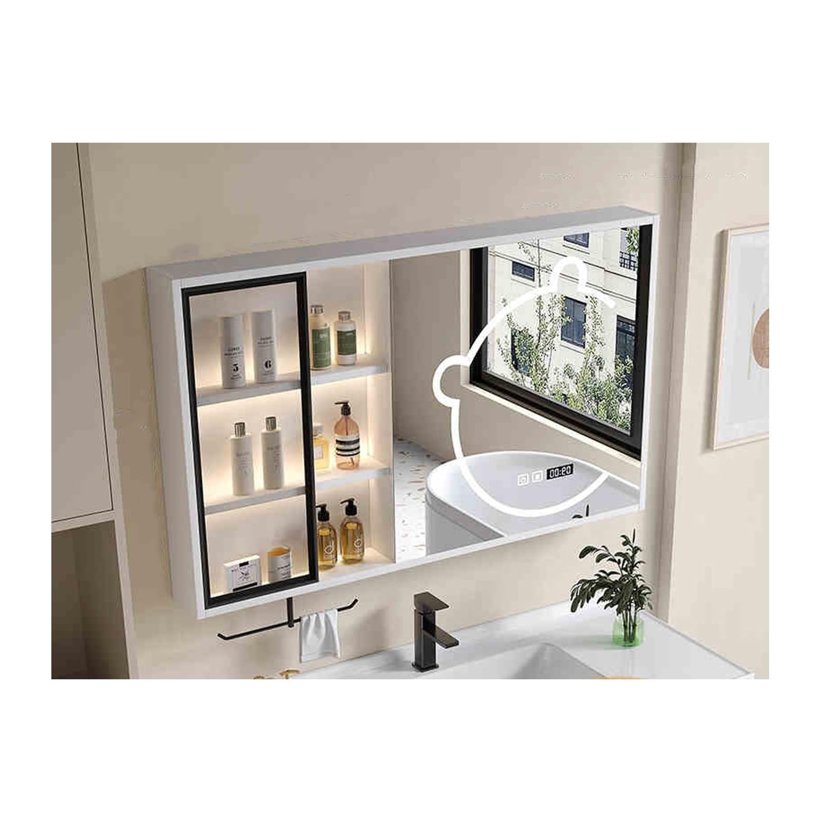 FLYIODFCXV bathroom mirror cabinet, With Mirror Door，High-Definition, One-Click Defog(White,90cm/35.4in)