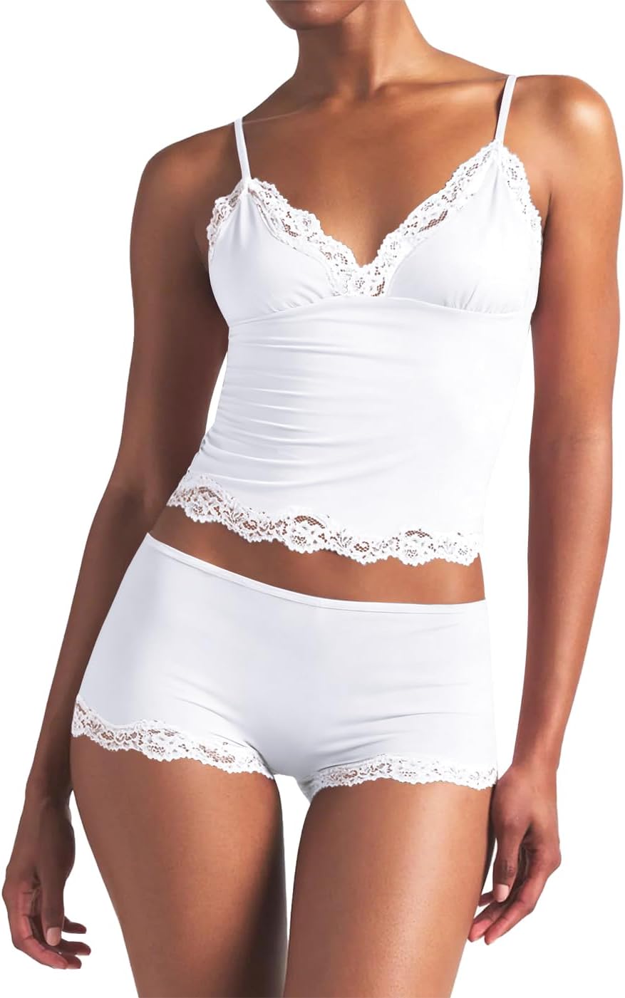 LEEDYA Womens Cami Pajama Set Sexy 2 Piece Sleeveless Pjs Summer V Neck Tank Top Y2K Lace Trim Sleepwear Lounge Set