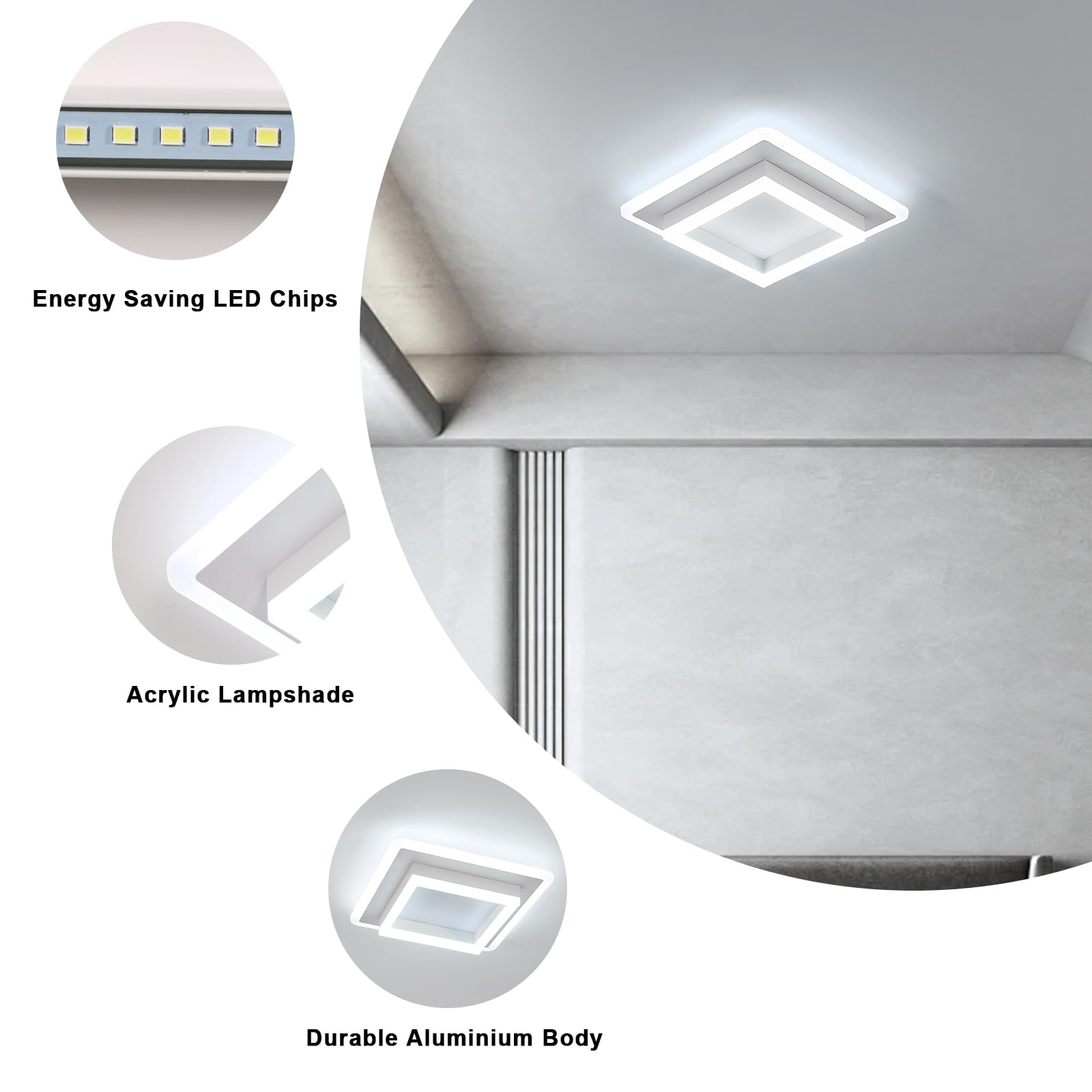 DELIPOP Lampada da Soffitto LED Moderna, 30W 3375LM Creativo Quadrata Plafoniere, Lampadario LED Soffitto Bianca per Camera da letto, Soggiorno, Cucina Sala da Pranzo, Bianco Freddo 6500K
