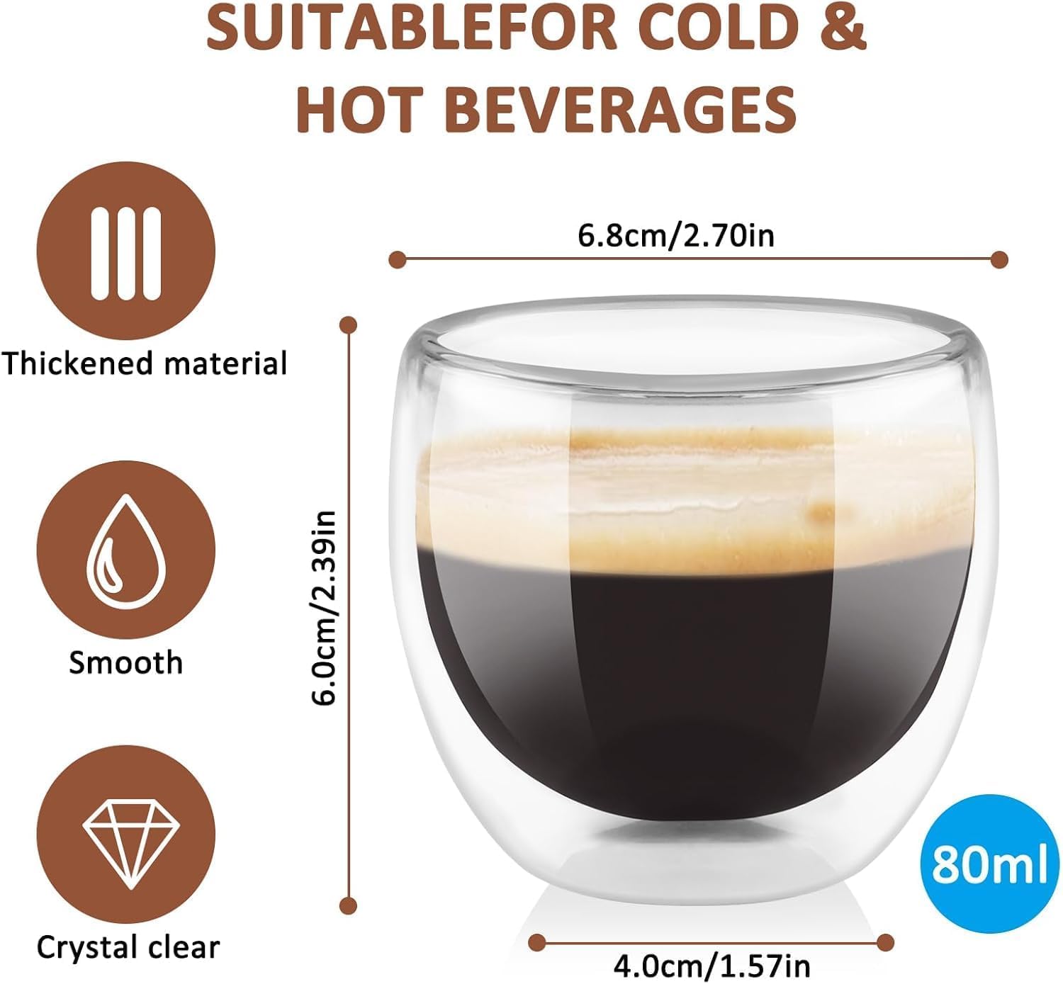 Generico Set di 6 Tazze da Caffè in Vetro Borosilicato a Doppia Parete, 80ml, Trasparente