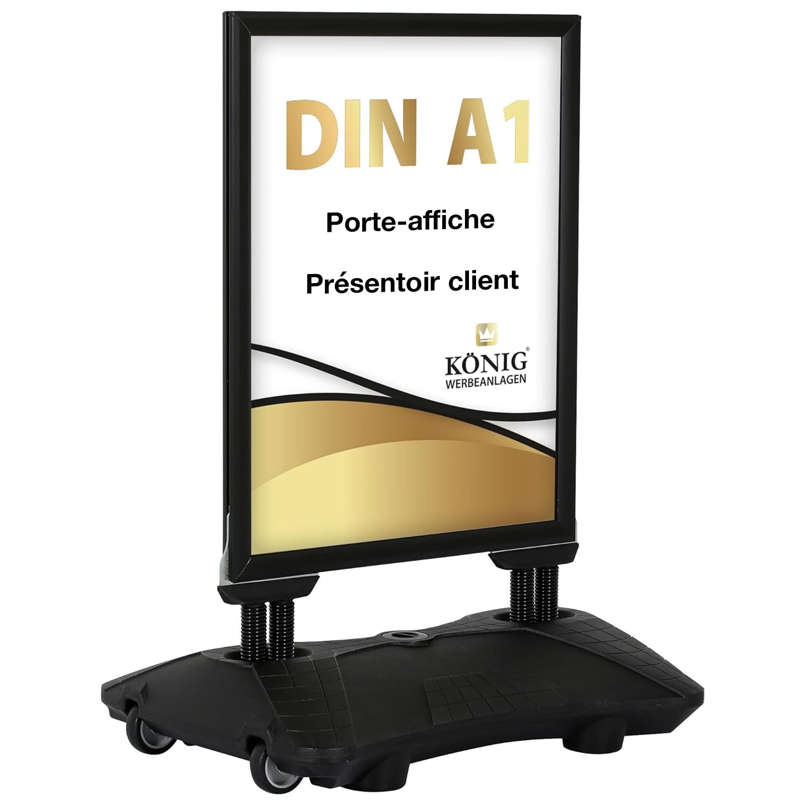 Porte-affiche Keitum Wind Line Plus DIN A1 noir | Double face pour 2 affiches | Pied stable, 2x2 ressorts pour une stabilité maximale par vent et intempéries | Vitres antireflet | Stop-trottoir