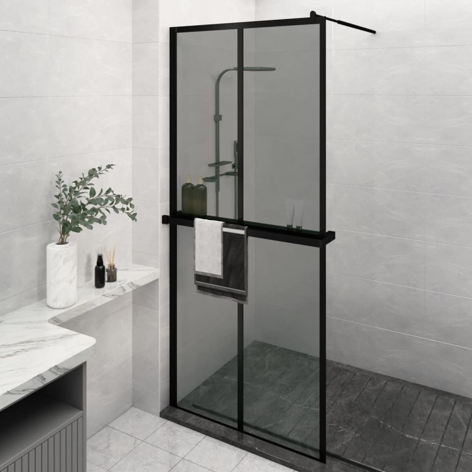 Homgoday Walk-in Shower Wall with Shelf Black 90x195 cm ESG Glass Aluminium Shower Caddy Bathroom Shelf Organiser Shower