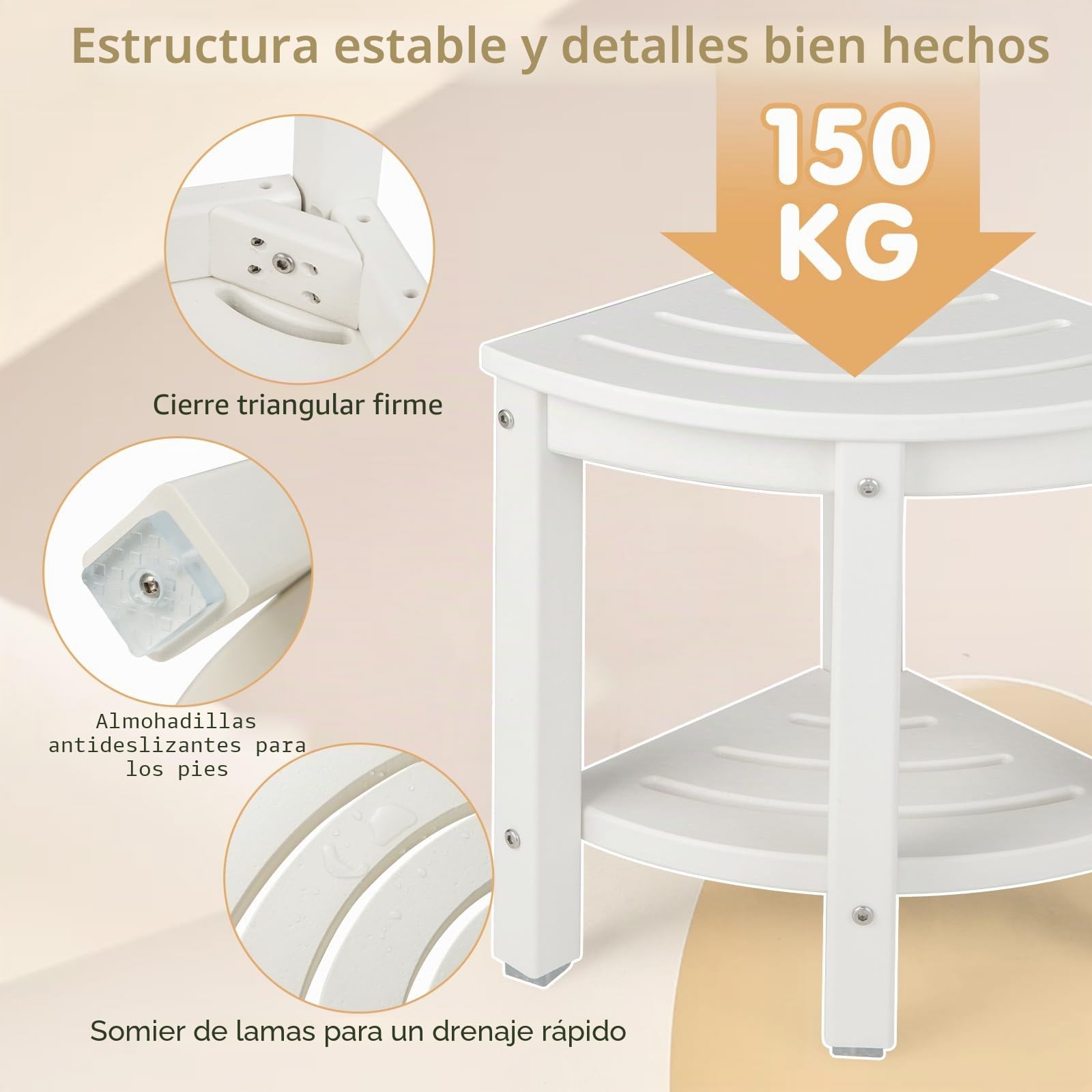 GOPLUS Taburete de baño esquinero con estante, banco de ducha en forma de abanico, taburete para baño, balcón, soporta hasta 150 kg (blanco)
