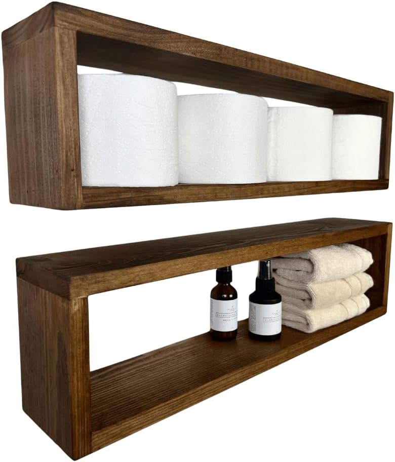 Set of 2 Floating Rectangle Shelves | Easy Mounting | Toilet Paper Holder | Bathroom Storage | Kitchen Spice Rack (Walnut)