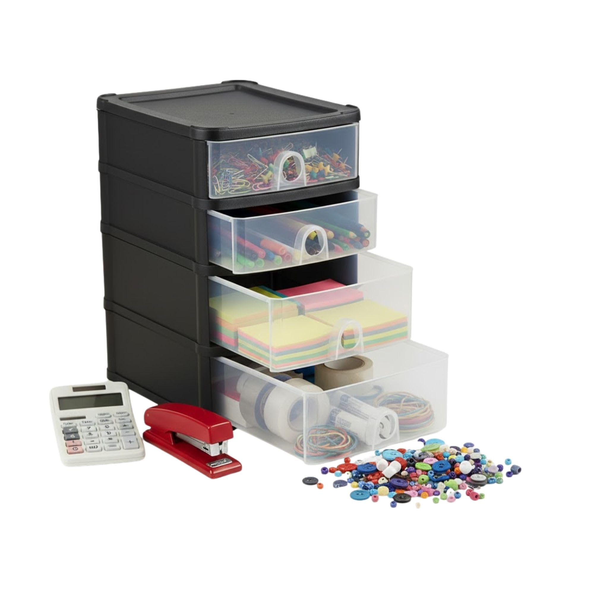 AOC24 Plastic A5 Drawer Unit – 2 Deep & 2 Shallow Drawers, Slimline Desktop Storage Tower, Tabletop Organiser, Space-Saving Plastic Drawer Unit for Home Office – Black/Clear